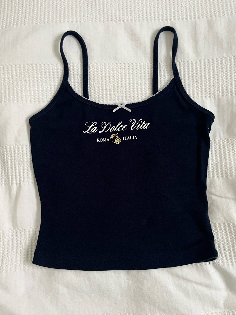 GARAGE navy blue cropped graphic design cami